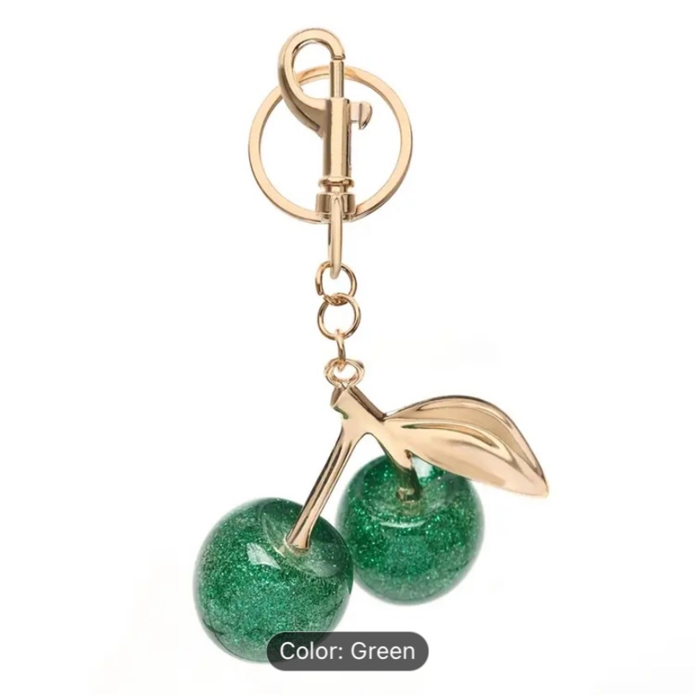 Big Green Cherry Keychain with Gold Accents